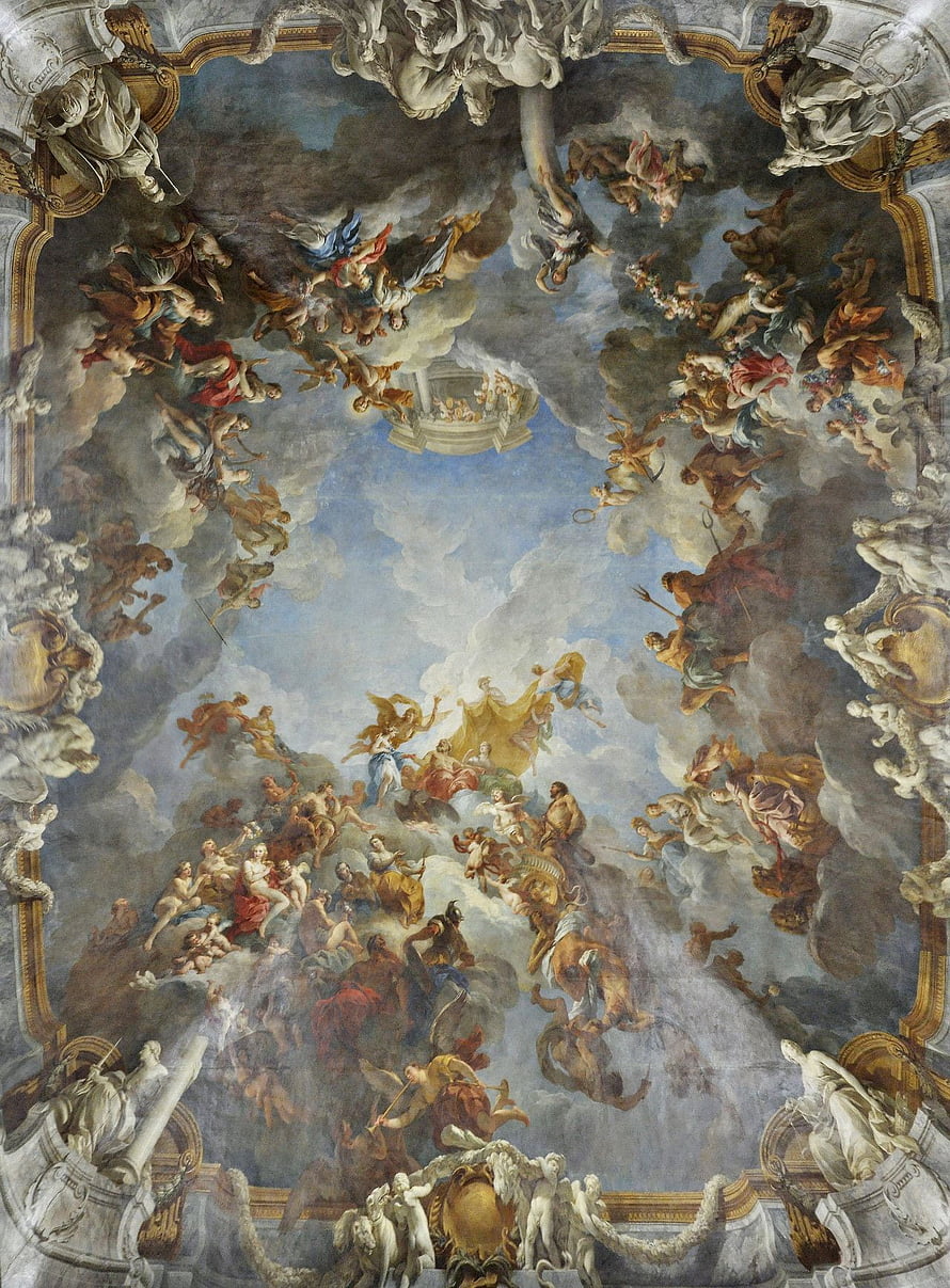 Baroque Ceiling Fresco with Clouds and Figures in Ornate Architectural Frame HD phone wallpaper