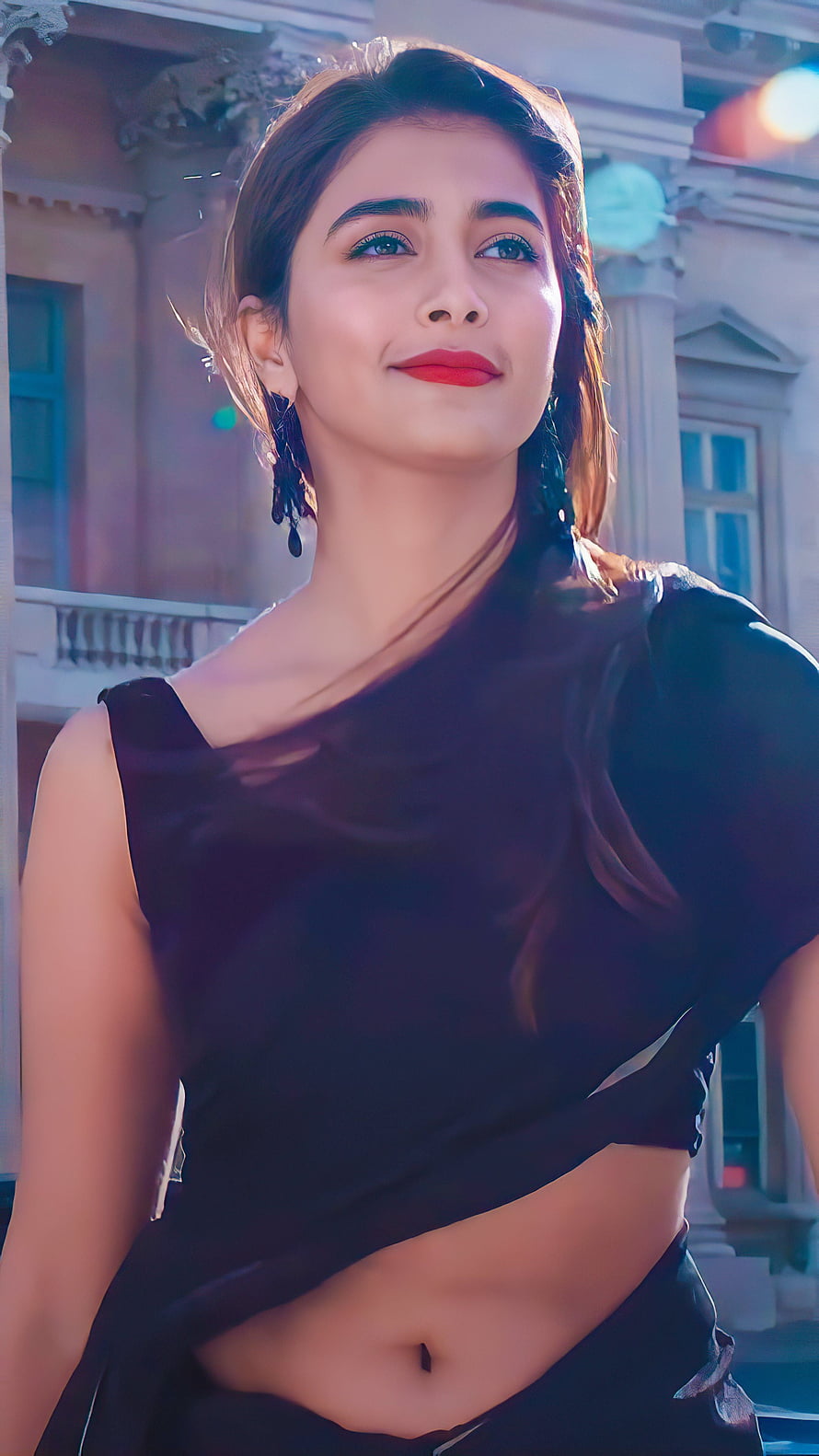Pooja Hegde in Black Crop Top with Red Lipstick and Dangling Earrings HD phone wallpaper