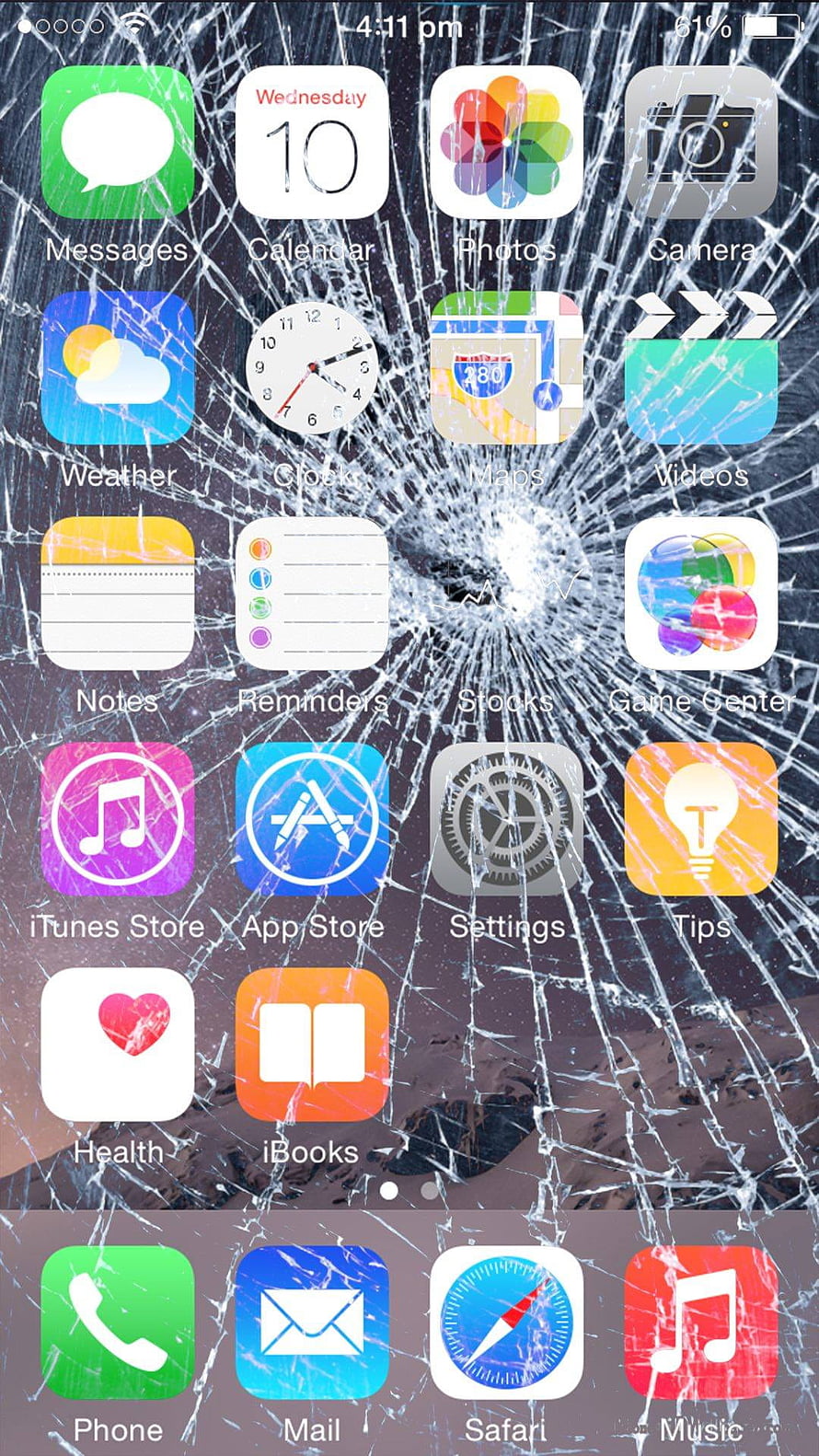 Realistic Cracked Glass Effect on iPhone Home Screen with App Icons HD phone wallpaper