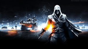 Assassin's Creed Ezio Hooded Figure with Hidden Blade Amidst War Tanks and City Battlefield HD wallpaper
