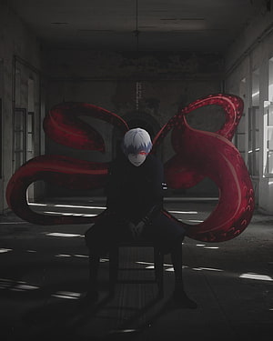 Ken Kaneki with Red Kagune Wings in Dark Abandoned Room HD phone wallpaper