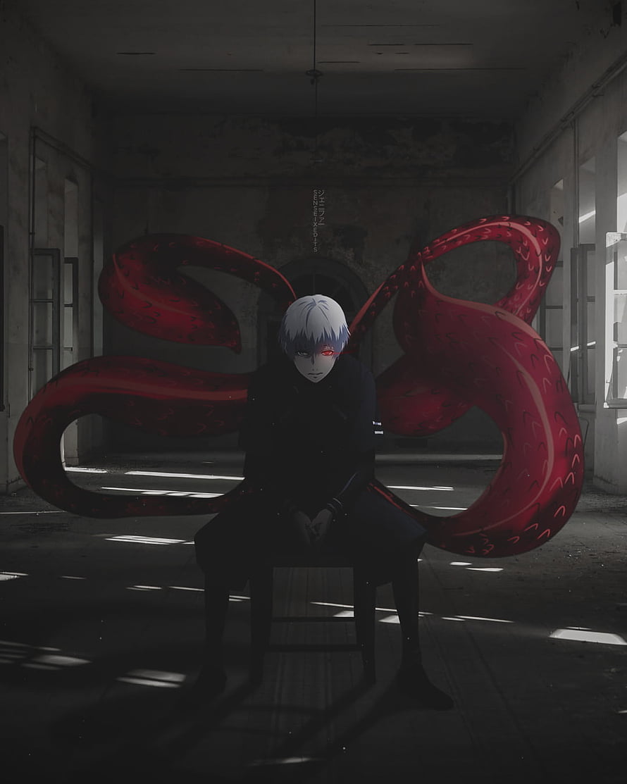 Ken Kaneki with Red Kagune Wings in Dark Abandoned Room HD phone wallpaper