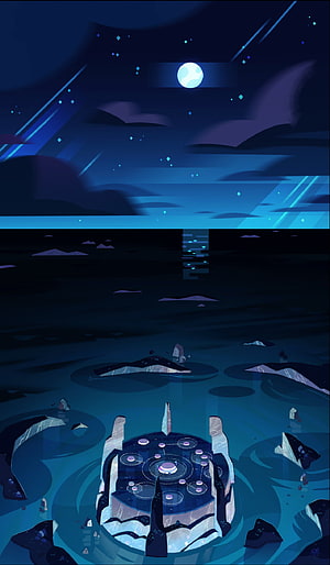 Steven Universe Crystal Temple Night Scene with Moonlit Ocean and Starry Sky HD phone wallpaper