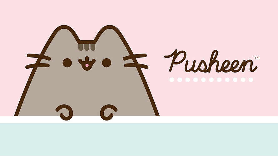 Cute Gray Pusheen Cat Peeking Over a White Surface on a Soft Pink Background HD wallpaper