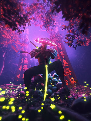 Neon Samurai Warrior Seated on Skulls in Cyberpunk Forest with Glowing Katana HD phone wallpaper