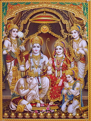 Ram Darbar: Lord Rama, Sita, Hanuman, Lakshmana, and Bharat in Traditional Indian Art HD phone wallpaper