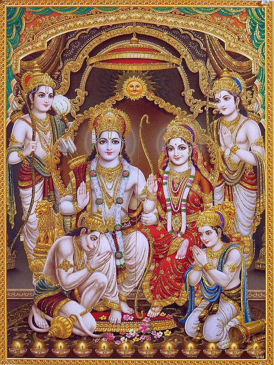 Ram Darbar: Lord Rama, Sita, Hanuman, Lakshmana, and Bharat in Traditional Indian Art HD phone wallpaper