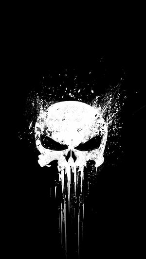 Punisher Skull Logo with Grunge Splatter and Drip Effect on Black Background HD phone wallpaper
