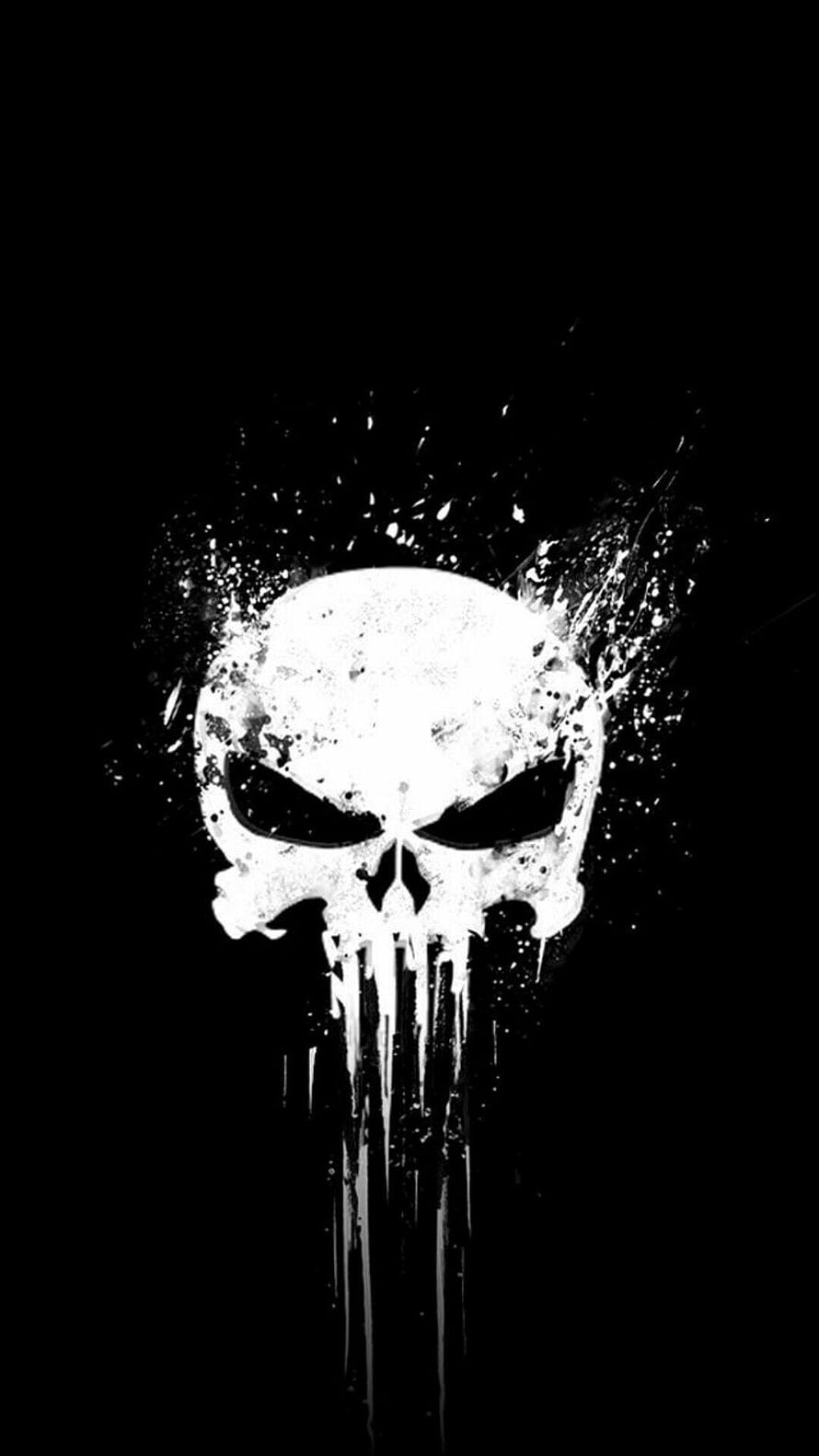 Punisher Skull Logo with Grunge Splatter and Drip Effect on Black Background HD phone wallpaper