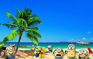 Despicable Me Minions Enjoying a Tropical Beach Vacation with Palm Trees and Ocean View HD wallpaper