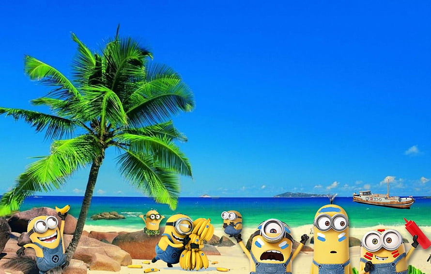 Despicable Me Minions Enjoying a Tropical Beach Vacation with Palm Trees and Ocean View HD wallpaper