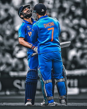 MS Dhoni and Virat Kohli Celebrating in Blue India Cricket Uniforms HD phone wallpaper