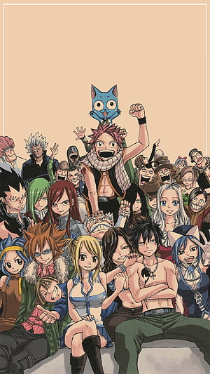 Fairy Tail Full Cast Group Portrait with Happy and Natsu in Cheerful Anime Illustration HD phone wallpaper