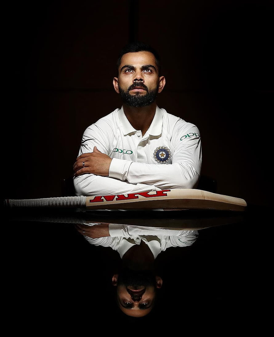 Virat Kohli in Indian Test Cricket Kit with MCG Bat and Reflection HD phone wallpaper