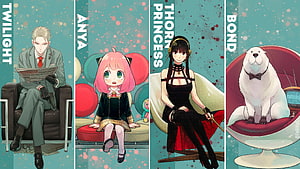Spy x Family Character Lineup Featuring Anya, Loid, Yor, and Bond in Stylized Portrait Panels HD wallpaper