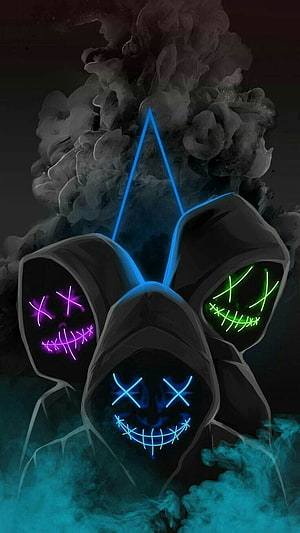 Three Glowing Neon Masked Figures in Dark Smoke with Blue Purple and Green Faces HD phone wallpaper
