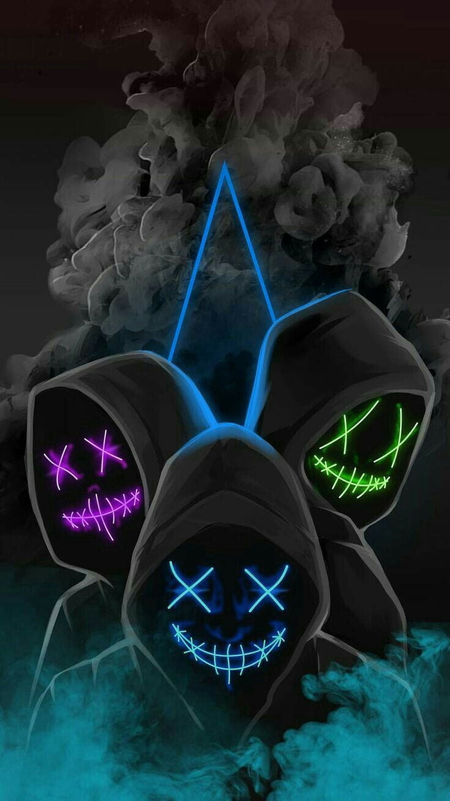 Three Glowing Neon Masked Figures in Dark Smoke with Blue Purple and Green Faces HD phone wallpaper