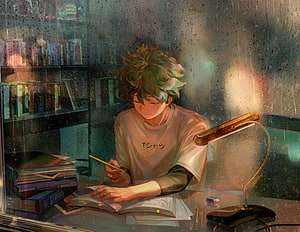 Izuku Midoriya Studying at a Desk in a Rainy Room with Warm Lamp Light HD wallpaper