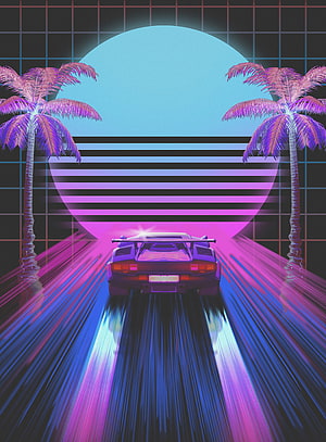 Retro 80s Synthwave Illustration of a Sports Car Driving Toward a Neon Sunset with Palm Trees HD phone wallpaper