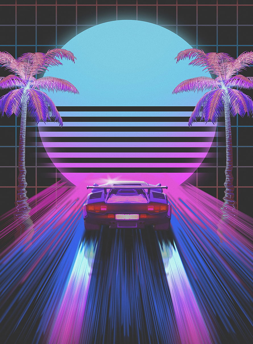 Retro 80s Synthwave Illustration of a Sports Car Driving Toward a Neon Sunset with Palm Trees HD phone wallpaper