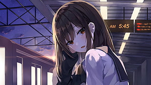 Anime School Girl Waiting on a Train Platform at Dawn HD wallpaper
