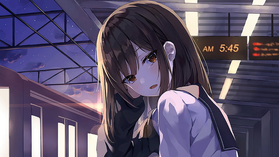 Anime School Girl Waiting on a Train Platform at Dawn HD wallpaper