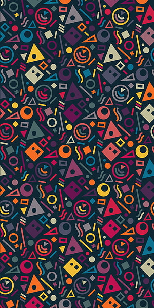 Vibrant Geometric Memphis Pattern with Triangles Circles and Squares on Dark Background HD phone wallpaper