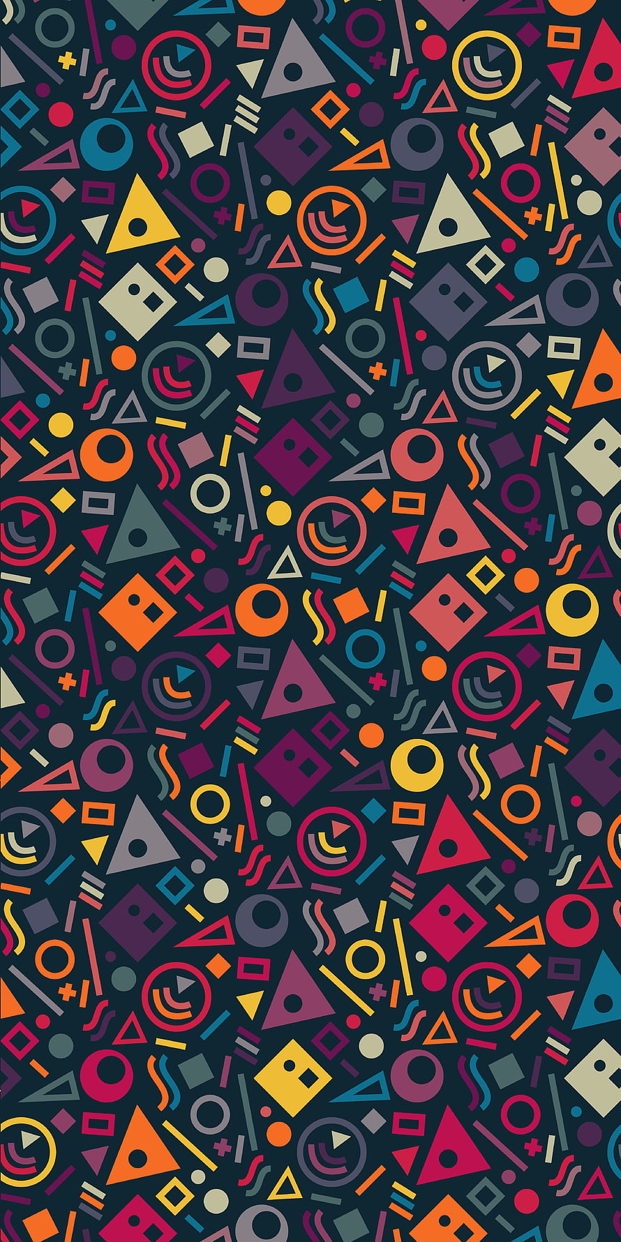 Vibrant Geometric Memphis Pattern with Triangles Circles and Squares on Dark Background HD phone wallpaper