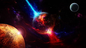 Vibrant Cosmic Nebula with Colliding Planets and Energetic Stellar Explosion in Deep Space HD wallpaper