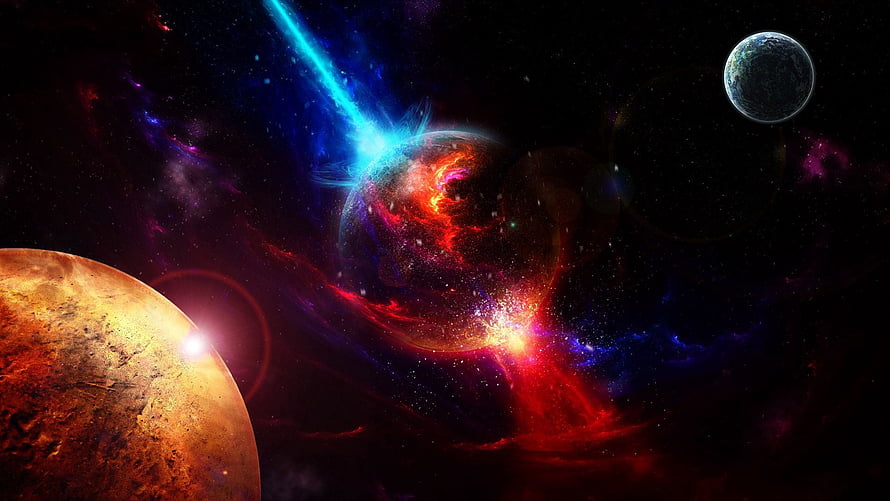 Vibrant Cosmic Nebula with Colliding Planets and Energetic Stellar Explosion in Deep Space HD wallpaper