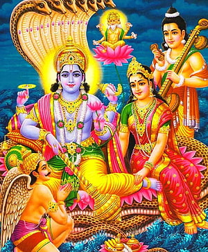 Lord Vishnu and Goddess Lakshmi Seated on Shesha Naga with Brahma and Garuda HD phone wallpaper