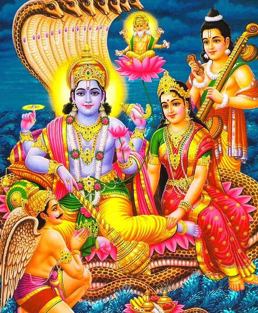 Lord Vishnu and Goddess Lakshmi Seated on Shesha Naga with Brahma and Garuda HD phone wallpaper