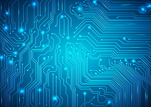 Glowing Blue Electronic Circuit Board Pattern with Luminous Nodes and Traces HD wallpaper
