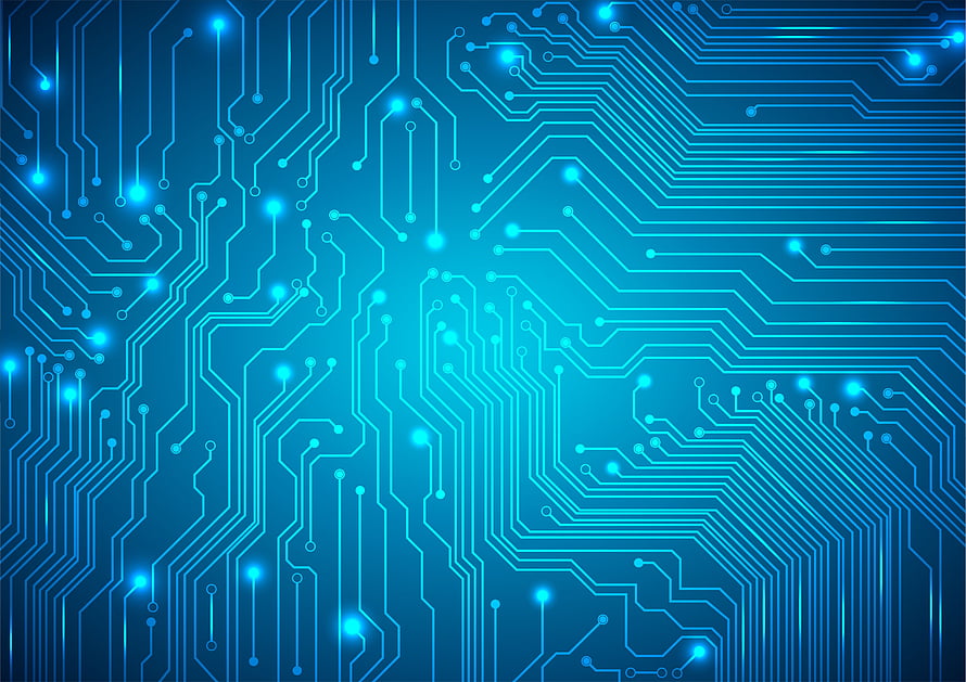 Glowing Blue Electronic Circuit Board Pattern with Luminous Nodes and Traces HD wallpaper