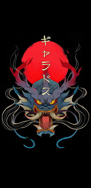 Gyarados Oni Mask with Red Sun and Japanese Katakana Text on Black Background HD phone wallpaper