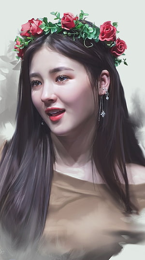 Nancy Momoland Portrait Wearing Red Rose Crown and Dangling Earrings HD phone wallpaper