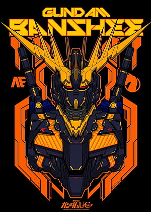 Gundam Unicorn Banshee Frontal Portrait with Golden Horns and Orange Geometric Frame HD phone wallpaper