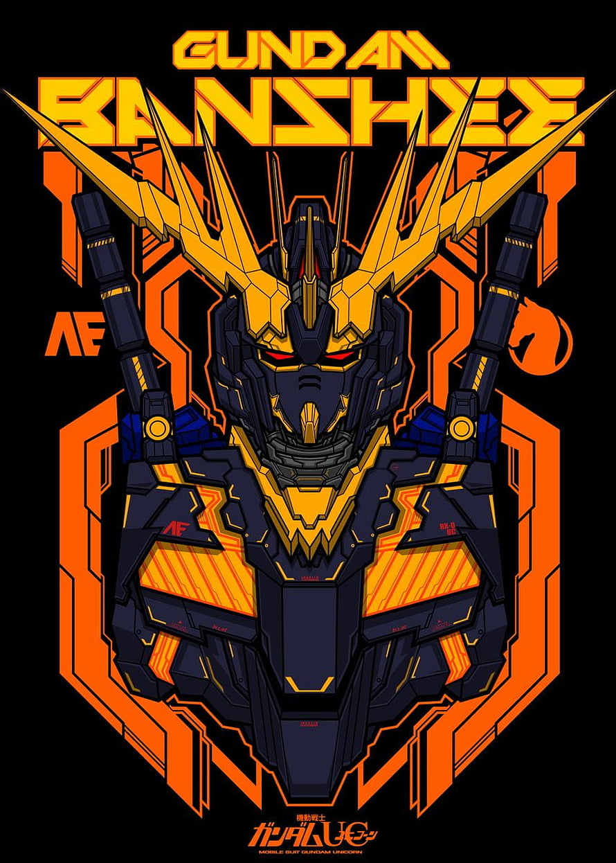 Gundam Unicorn Banshee Frontal Portrait with Golden Horns and Orange Geometric Frame HD phone wallpaper