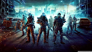 Tactical Squad in Futuristic Cyberpunk Cityscape with Neon Glow and Armed Soldiers HD wallpaper