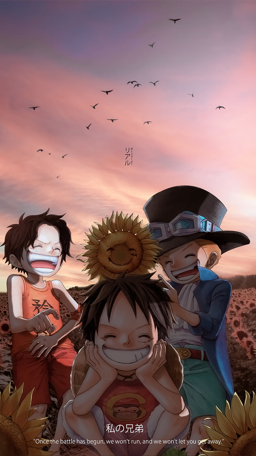 One Piece Childhood Trio Luffy Ace and Sabo in a Sunflower Field at Sunset HD phone wallpaper