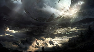 Destiny 2 Traveler Hovering Over Misty Mountain Landscape with Lone Figure HD wallpaper