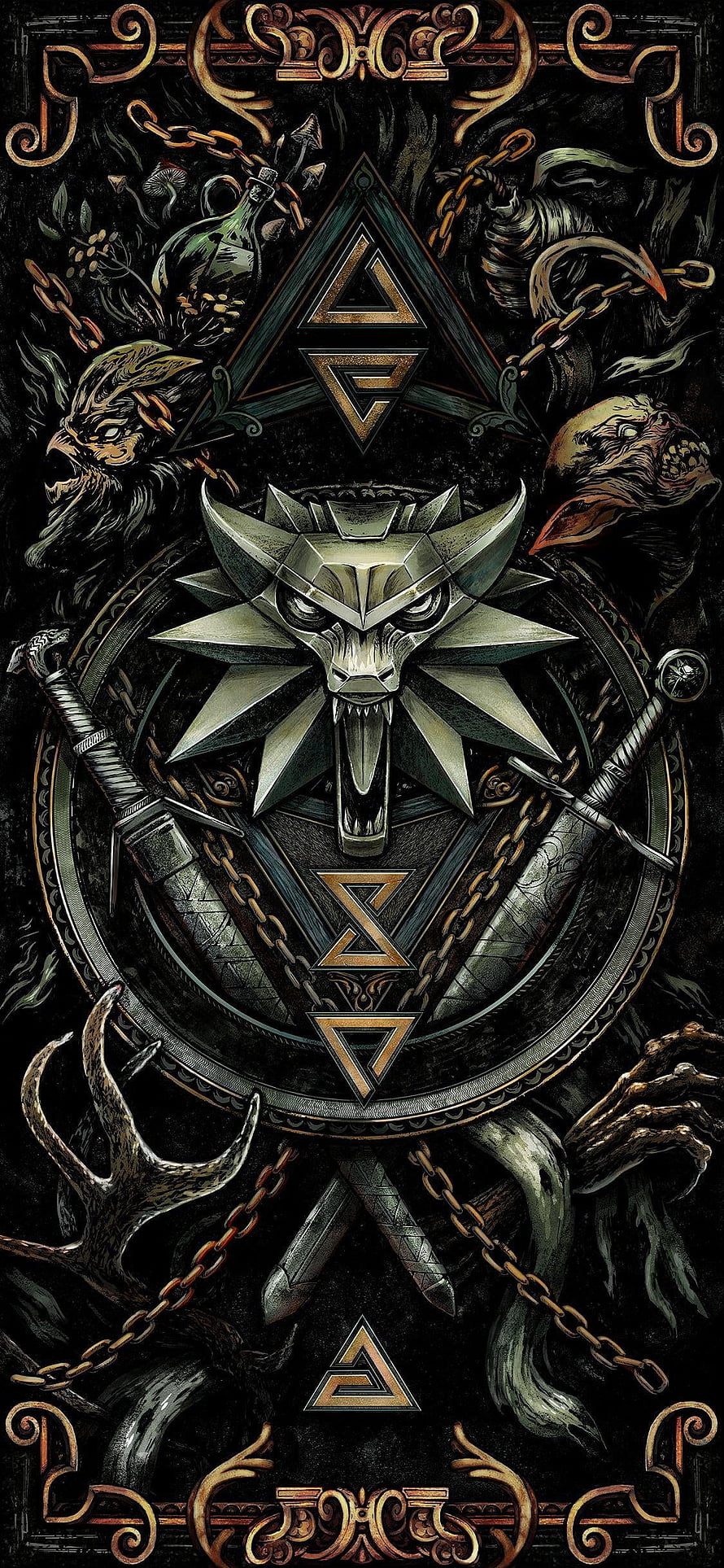 Dark Witcher Emblem Art Featuring Wolf Head, Crossed Swords, and Ornate Symbolic Design HD phone wallpaper