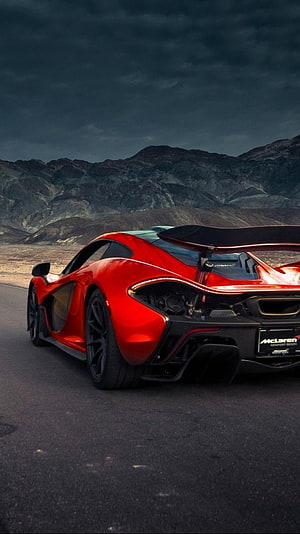 Red McLaren P1 Super Car Rear View on Desert Road Under Stormy Sky HD phone wallpaper