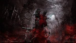 Bloodborne Hunter in Dark Gothic Cityscape with Red Mist and Moonlit Sky HD wallpaper