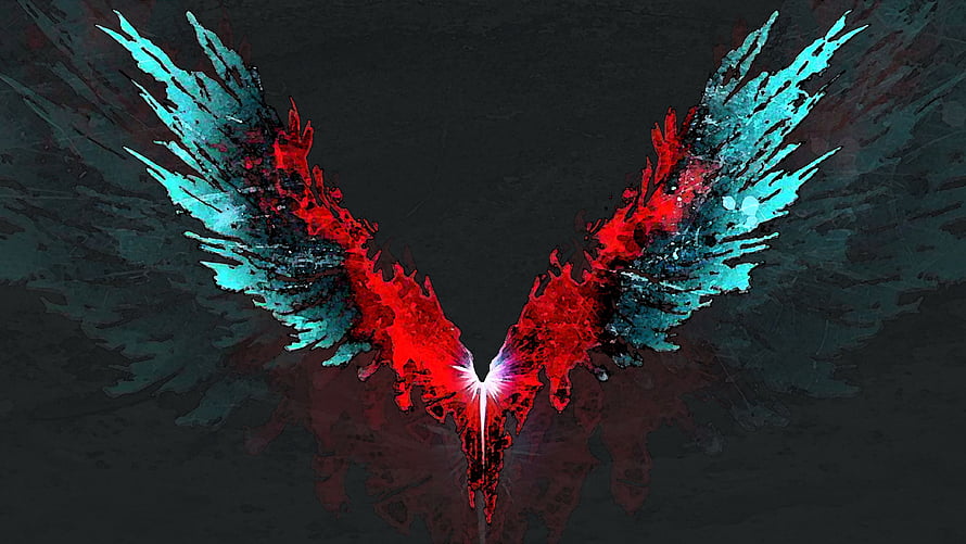 Devil May Cry 5 Stylized Winged Emblem with Red and Cyan Ink Splatter on Dark Background HD wallpaper