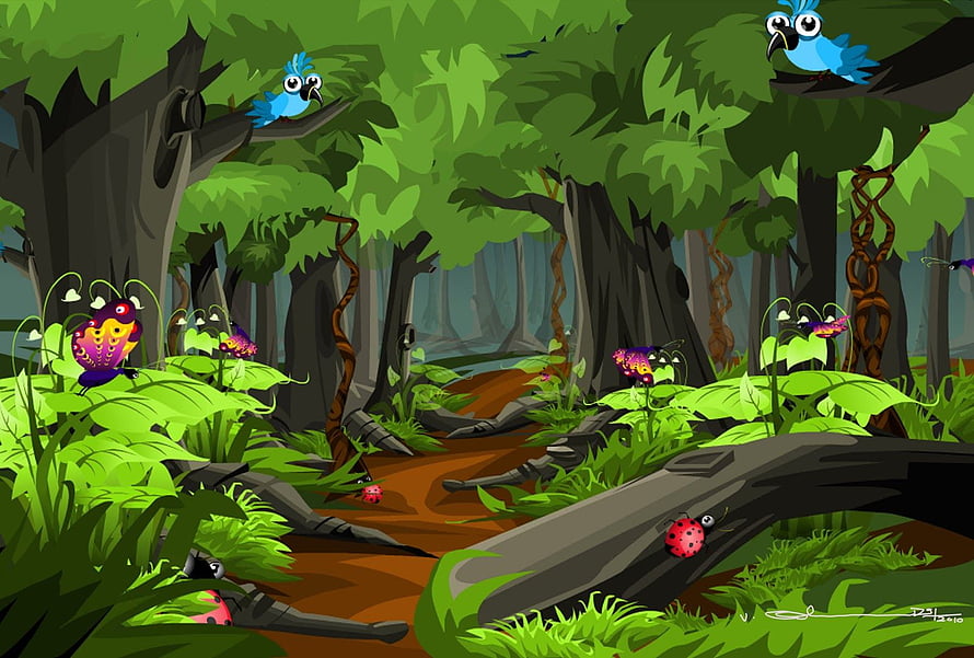 Vibrant Cartoon Jungle Scene With Blue Birds, Ladybugs, and Lush Green Foliage HD wallpaper