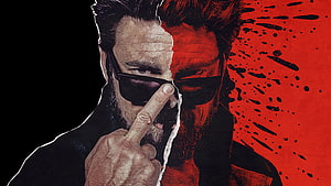 Billy Butcher from The Boys in a dramatic split-face portrait with red ink splatter and a shushing gesture HD wallpaper