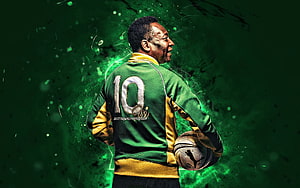Pele in Brazil National Team Green and Gold Jersey Holding Soccer Ball HD wallpaper