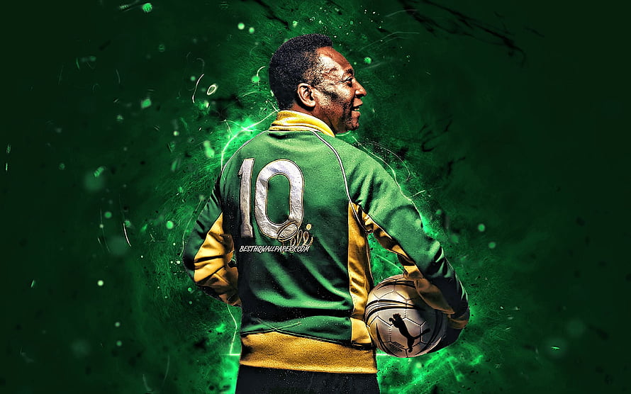 Pele in Brazil National Team Green and Gold Jersey Holding Soccer Ball HD wallpaper