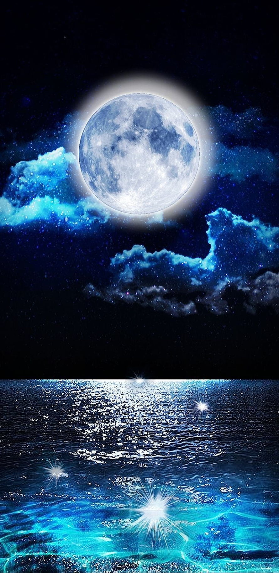 Luminous Full Moon Over a Starlit Ocean with Glowing Water Reflections and Ethereal Clouds HD phone wallpaper